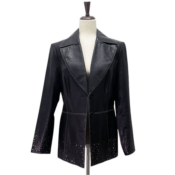 Vintage Classiques Entier Black Leather 3-Button Blazer Lasercut Trim Sz 10 Y2K - Picture 5 of 15